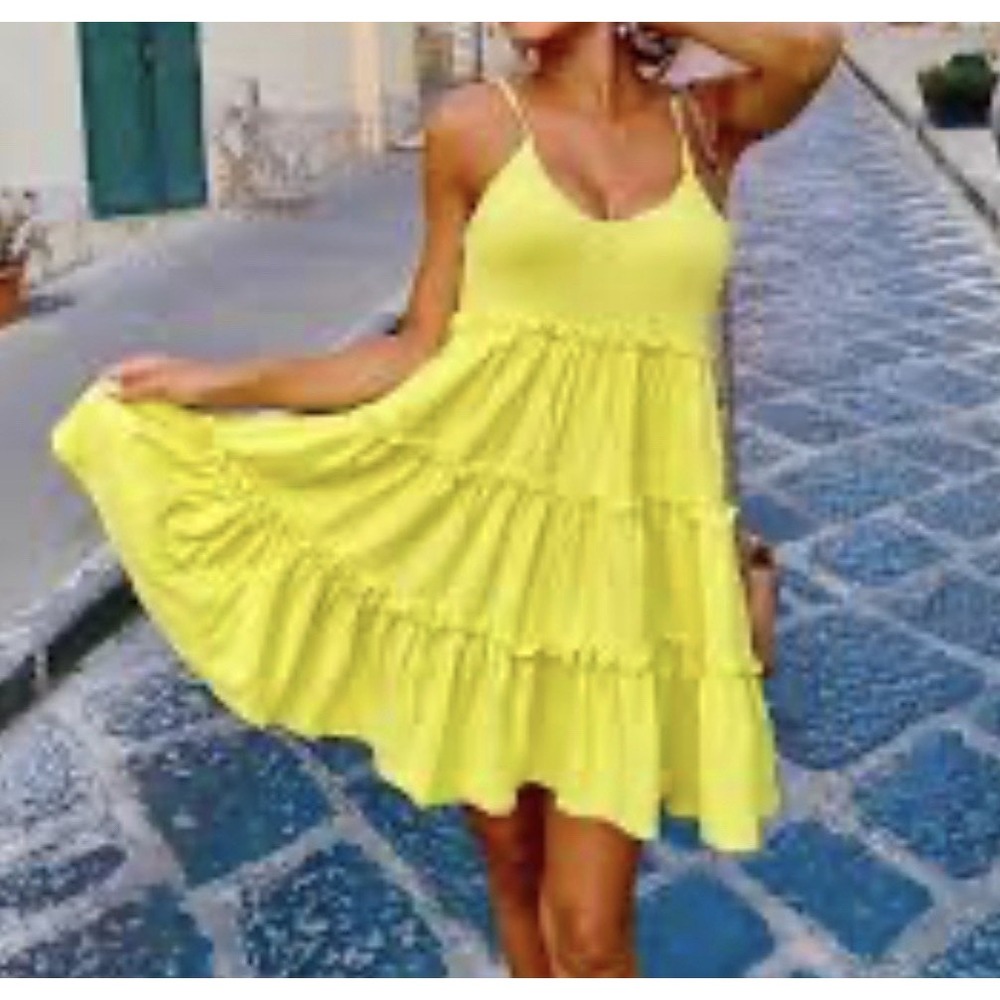 Zara Sleeveless Tiered Yellow‎ Green Babydoll Dress-Small-Boho-Hippie